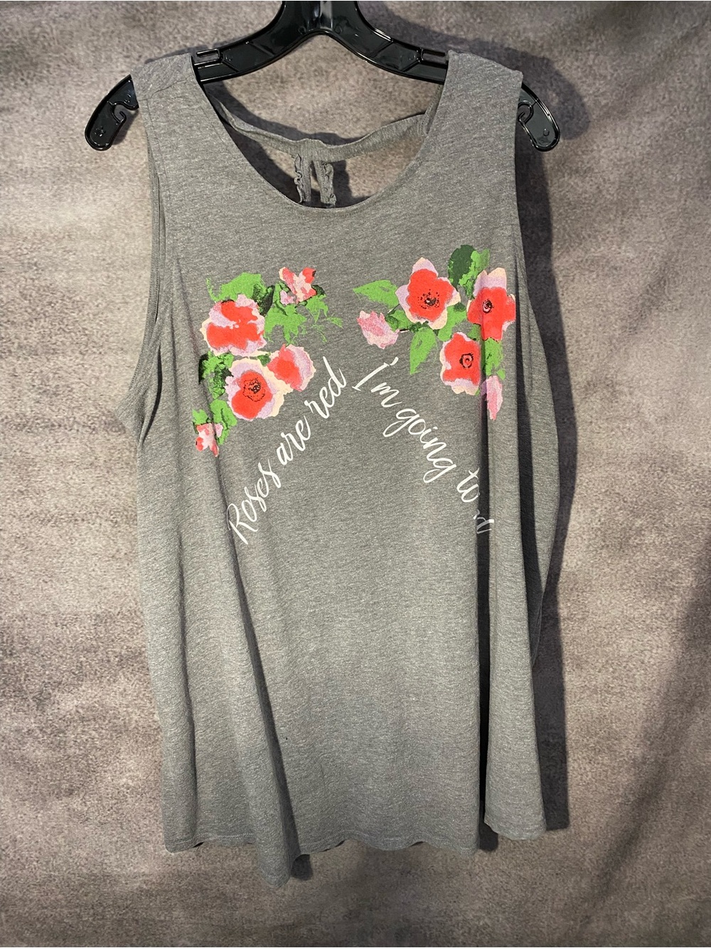 Cacique Sleep Women 18/20 Tank Top Gray Roses Are Red Floral Keyhole Back